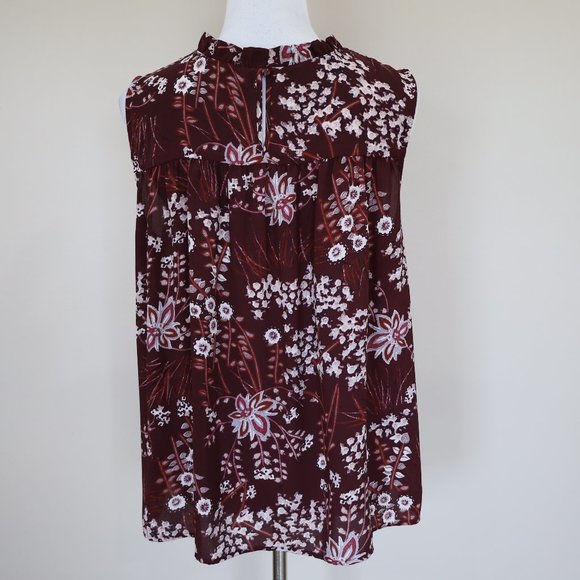 ANN TAYLOR LOFT Size 10 Maroon Beige Tan Skirt Blouse Set Sleeveless Career - Picture 8 of 14